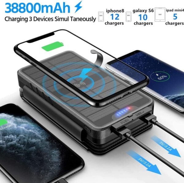 QiSa Solar Charger 38800mAh Solar Power Bank with Dual 5V3.1A Outputs 10W Qi Wireless Charger Waterproof Built-in Solar Panel and Bright Flashlights(Black) - Image 5