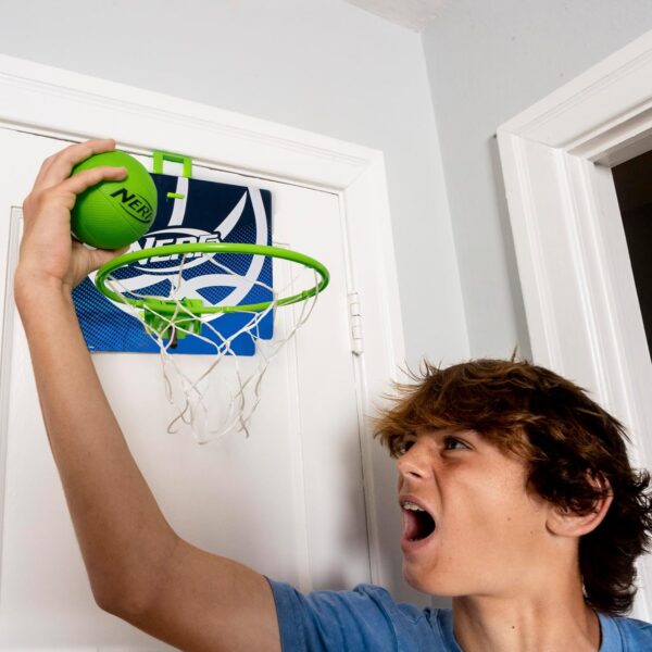 Nerf Mini Over The Door Basketball Hoop - Nerfoop Indoor Basketball Hoop for Kids - Toy Door Basketball Hoop + Mini Foam Basketball Game Set - Perfect for Bedroom Indoor Basketball - Green - Image 7