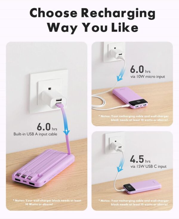 Portable Charger with Built in Cables, Portable Charger with Cords Wires Slim 10000mAh Travel Essentials Battery Pack 6 Outputs 3A High Speed Power Bank for iPhone Samsung Pixel LG Moto iPad - Image 4