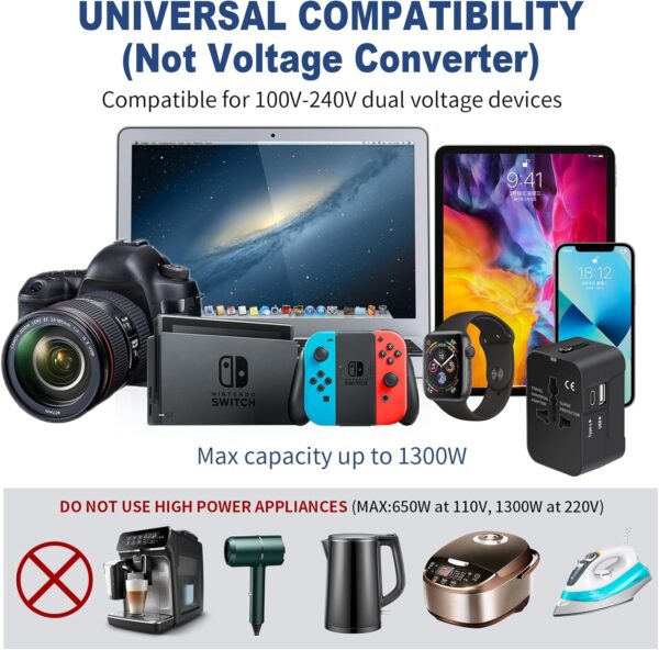 Travel Adapter with USB C, Universal All in One Worldwide Travel Adapter Power Converters Wall Charger AC Power Plug Adapter USB Type C Charging Ports for USA EU UK AUS Black - Image 7