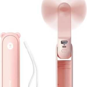 JISULIFE Handheld Mini Fan, 3 IN 1 USB Rechargeable Portable Fan [12-19 Working Hours] with Power Bank, Flashlight, Pocket Design for Travel/Summer/Concerts/Lash, Gifts for Women (Pink)