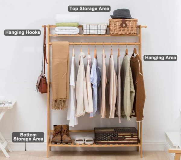 COPREE Bamboo Garment Coat Clothes Hanging Heavy Duty Rack with top Shelf and Shoe Clothing Storage Organizer Shelves - Image 2