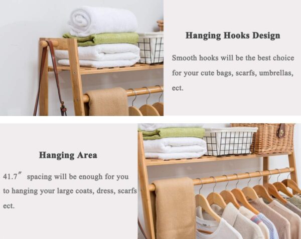 COPREE Bamboo Garment Coat Clothes Hanging Heavy Duty Rack with top Shelf and Shoe Clothing Storage Organizer Shelves - Image 4