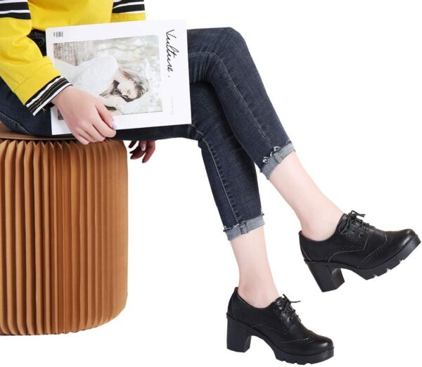DADAWEN Women's Leather Classic Lace Up Platform Chunky Mid-Heel Square Toe Oxfords Dress Pump Shoes - Image 7