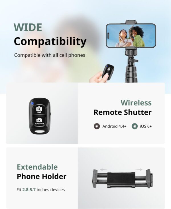 SENSYNE 62" Phone Tripod & Selfie Stick, Extendable Cell Phone Tripod Stand with Wireless Remote and Phone Holder, Compatible with iPhone Android Phone, Camera - Image 6