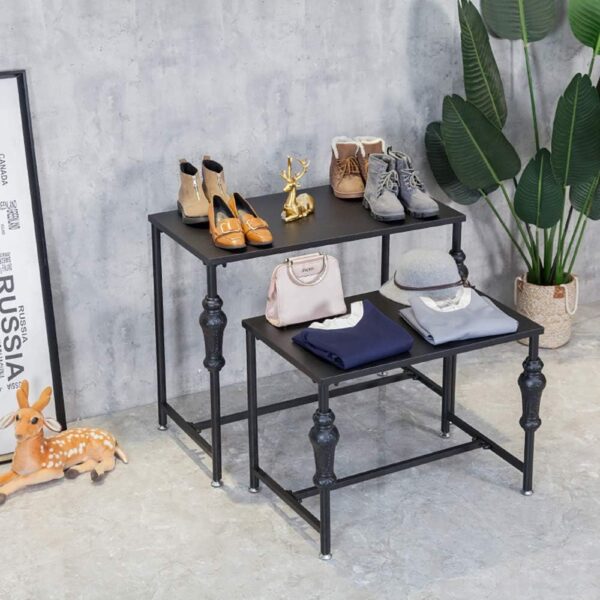 Industrial Retail Display Tables, Standing Clothing Shoes Display Rack, Set of 2 Boutique Display Riser, Retro Unit Storage Shelves, Garment/Handbag Display Stand - Image 5