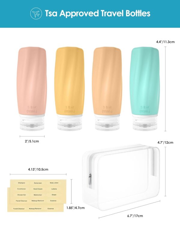 Morfone Travel Bottles for Toiletries, 3oz TSA Approved Travel Size Containers Leak Proof Squeezable Travel Accessories Refillable for Shampoo Conditioner Lotion Liquids(4Pack) - Image 6