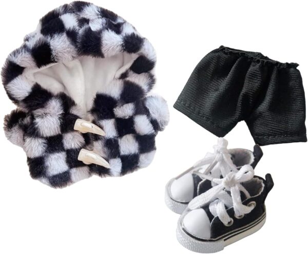 20cm Plush Doll Clothes Set, Kpop Doll Outfit Plush Coat Pants Shoes for 8 inch Plush Doll Soft Stuffed Animal, Dress-Up Play (Check-White/Black)