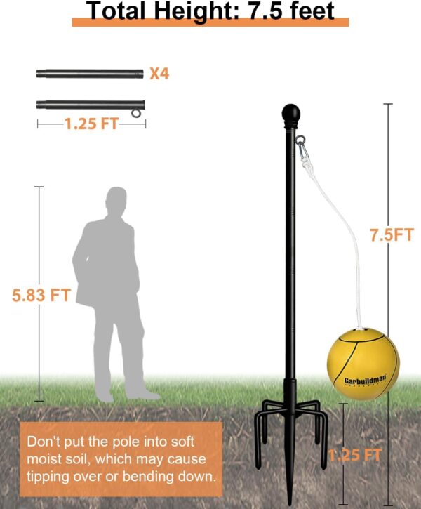 Garbuildman Tetherball Set with Ball & Rope for Outdoor Backyard, Adjustable Tether Ball Pole with Reinforced 5-Prong Base for Playground, Outside Ball Games Sports for Kids & Adults, Black - Image 3