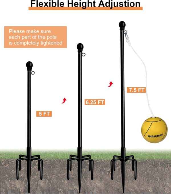 Garbuildman Tetherball Set with Ball & Rope for Outdoor Backyard, Adjustable Tether Ball Pole with Reinforced 5-Prong Base for Playground, Outside Ball Games Sports for Kids & Adults, Black - Image 2