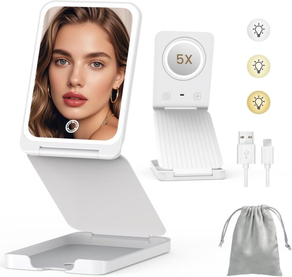 Travel Makeup Mirror with Lights, Portable 1X Vanity Mirror with 5X Lighted Magnification,72 LEDs 3 Color Lights, Rechargeable 1000mAh Battery, Freely Adjust Height and Angle