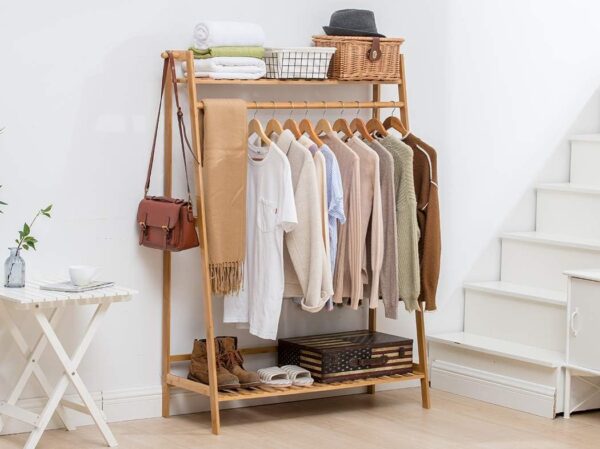 COPREE Bamboo Garment Coat Clothes Hanging Heavy Duty Rack with top Shelf and Shoe Clothing Storage Organizer Shelves - Image 6