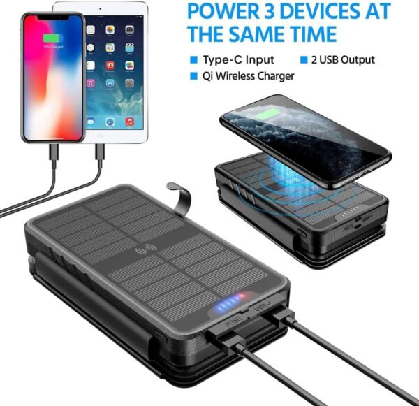 QiSa Solar Charger 38800mAh Solar Power Bank with Dual 5V3.1A Outputs 10W Qi Wireless Charger Waterproof Built-in Solar Panel and Bright Flashlights(Black) - Image 4