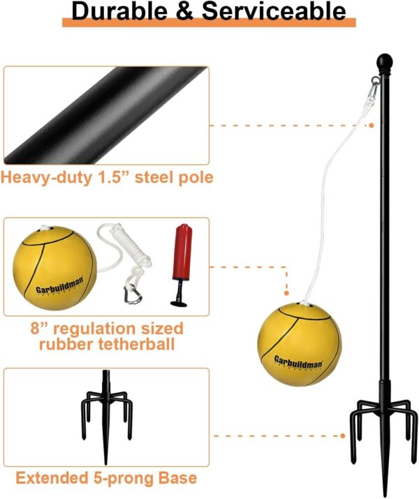 Garbuildman Tetherball Set with Ball & Rope for Outdoor Backyard, Adjustable Tether Ball Pole with Reinforced 5-Prong Base for Playground, Outside Ball Games Sports for Kids & Adults, Black - Image 4