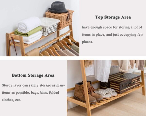 COPREE Bamboo Garment Coat Clothes Hanging Heavy Duty Rack with top Shelf and Shoe Clothing Storage Organizer Shelves - Image 3