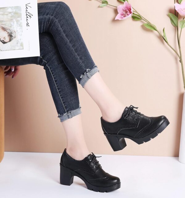DADAWEN Women's Leather Classic Lace Up Platform Chunky Mid-Heel Square Toe Oxfords Dress Pump Shoes - Image 2