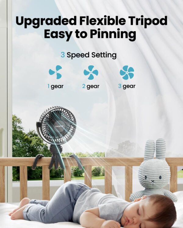 Gaiatop Mini Portable Stroller Fan, Battery Operated Small Clip on, Detachable 3 Speed Rechargeable, 360° Rotate Flexible Tripod Better Cooling for Car Seat Crib Treadmill Travel Black - Image 3