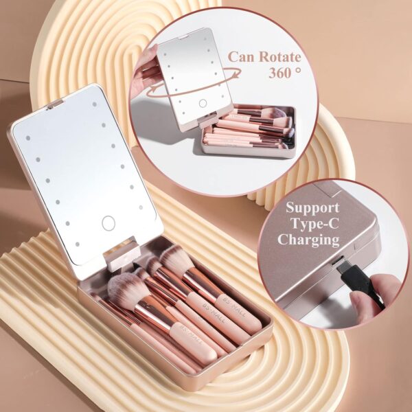 BS-MALL Travel Makeup Brush Set Foundation Powder Concealers Eye Shadows Makeup Set with LED light Mirror 14 Pcs Mini Makeup Brushes (APINK) - Image 2