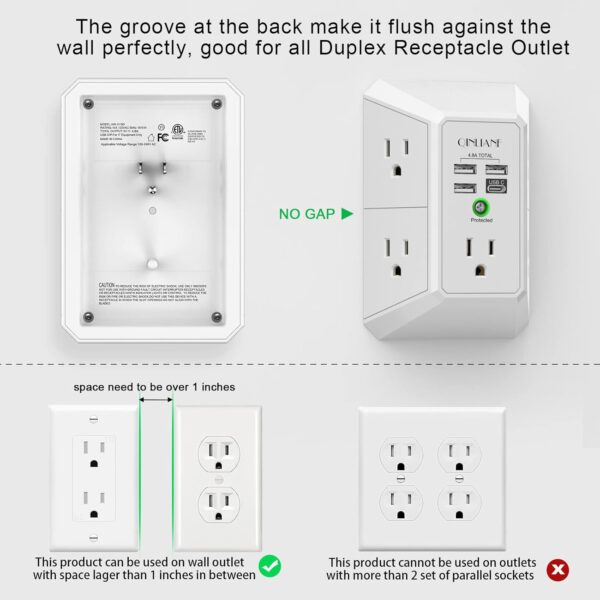 Wall Charger, Surge Protector, QINLIANF 5 Outlet Extender with 4 USB Charging Ports (4.8A Total) 3-Sided 1680J Power Strip Multi Plug Adapter Spaced for Home Travel Office (3U1C) - Image 3