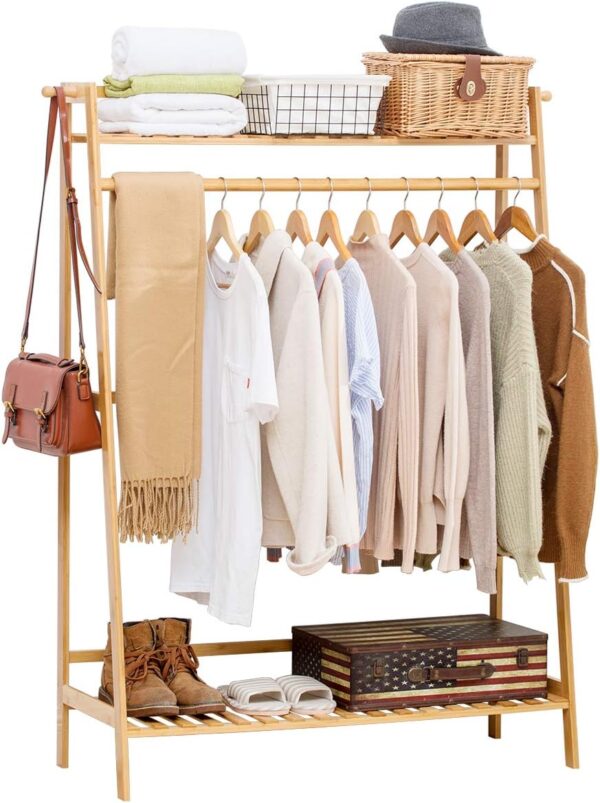 COPREE Bamboo Garment Coat Clothes Hanging Heavy Duty Rack with top Shelf and Shoe Clothing Storage Organizer Shelves