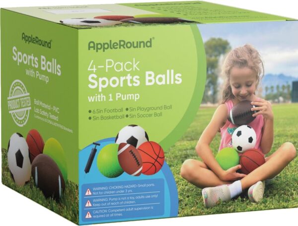 AppleRound Pack of 4 Toy Sports Balls with 1 Pump for Toddlers and Kids: 5-Inch Basketball, 5-Inch Soccer Ball, 5-Inch Playground Ball, 6.5-Inch Football (Mixed Bundle) - Image 2