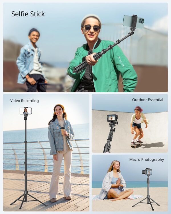 SENSYNE 62" Phone Tripod & Selfie Stick, Extendable Cell Phone Tripod Stand with Wireless Remote and Phone Holder, Compatible with iPhone Android Phone, Camera - Image 4