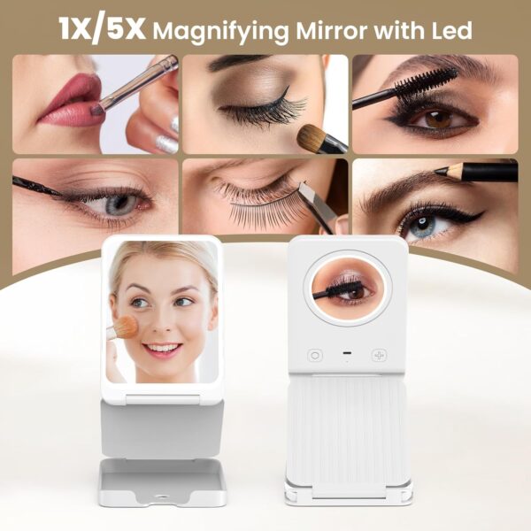Travel Makeup Mirror with Lights, Portable 1X Vanity Mirror with 5X Lighted Magnification,72 LEDs 3 Color Lights, Rechargeable 1000mAh Battery, Freely Adjust Height and Angle - Image 5