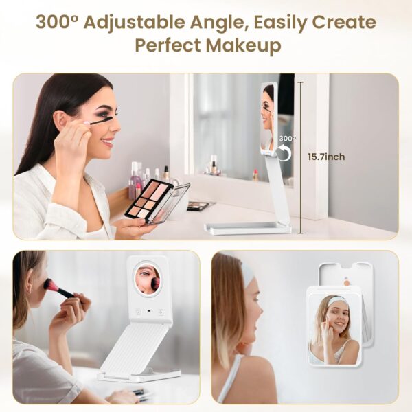 Travel Makeup Mirror with Lights, Portable 1X Vanity Mirror with 5X Lighted Magnification,72 LEDs 3 Color Lights, Rechargeable 1000mAh Battery, Freely Adjust Height and Angle - Image 2