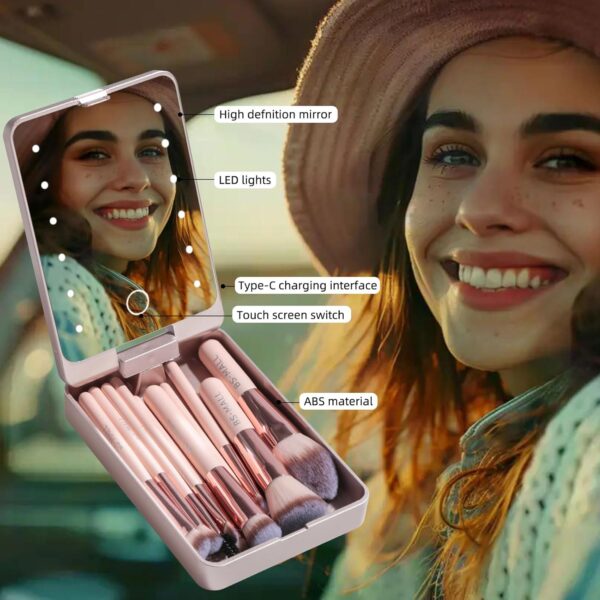 BS-MALL Travel Makeup Brush Set Foundation Powder Concealers Eye Shadows Makeup Set with LED light Mirror 14 Pcs Mini Makeup Brushes (APINK) - Image 4