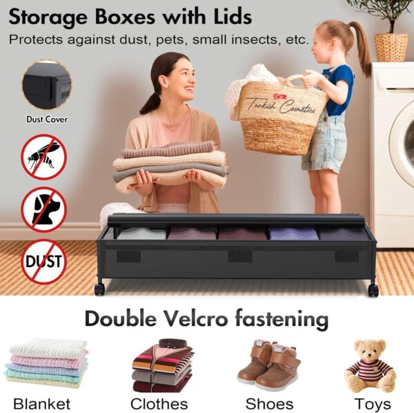 Under Bed Storage Bins With Lids - 2Pack Lengthen Underbed Storage Containers with Wheels, Large Capacity Metal Clothes Organizer for Bedroom, Storage Box for Clothing Shoes Blanke Sheet - Image 3