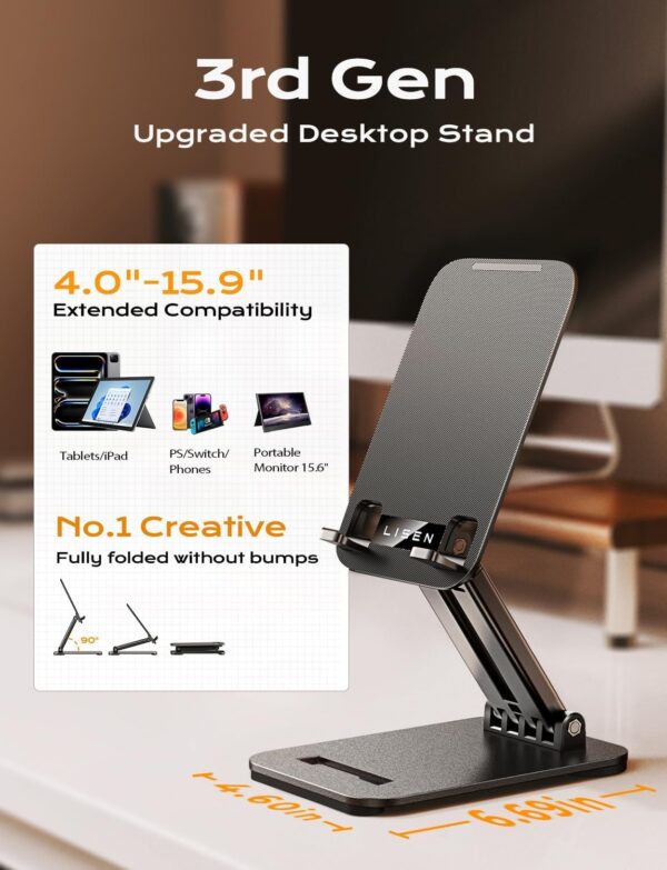 LISEN Tablet Stand for iPad Stand Holder Desk, Foldable iPad Pro Holder Portable Monitor Stand Travel Accessories, Home Office Desk Accessories for Men Gifts 2024 iPad Tab Kindle iPhone 4-15.9" Black - Image 2