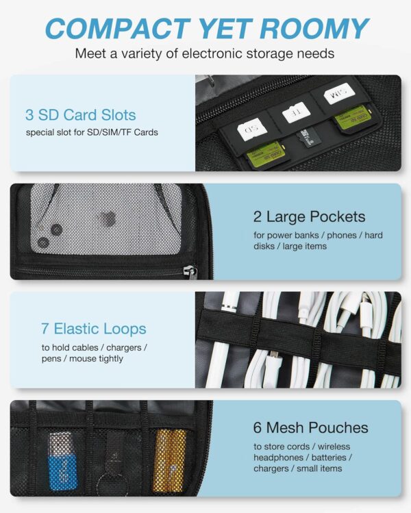 BAGSMART Electronics Organizer Travel Case, Small Cable Organizer Bag for Essentials, Tech Organizer as Accessories, Cord Organizer for Phone, Power Bank, SD Card, Black - Image 3