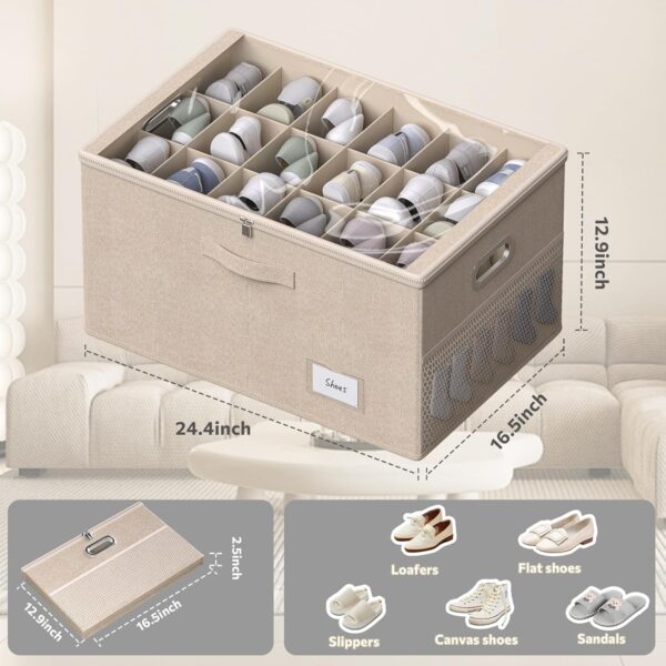 Shoe Organizer for Closet,Shoe Box Storage Containers Fit 18 Pairs,Foldable Shoe Storage Bins with Clear Cover & Adjustable Dividers for Shoes,Blankets,Linen,Clothing - Image 4