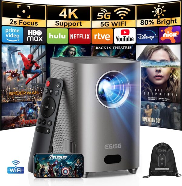 [One-Button Focus] Mini Projector with 5G WiFi and Bluetooth, 4K Outdoor Smart Projector with Carry Bag, Portable Movie Projector with Zoom, Home Theater Projector for Phone/TV Stick/PC (Gun gray)