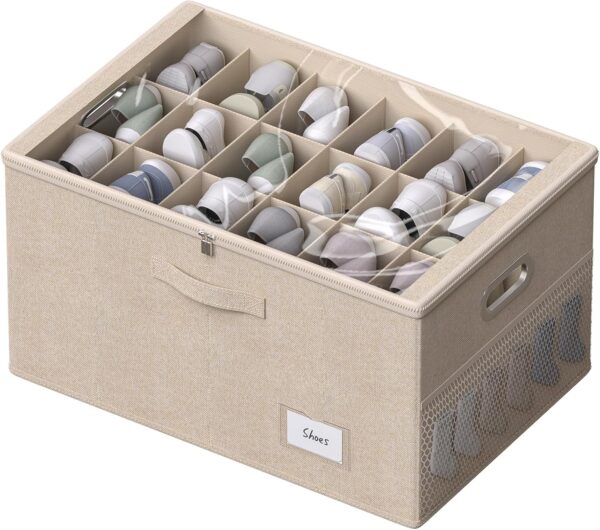 Shoe Organizer for Closet,Shoe Box Storage Containers Fit 18 Pairs,Foldable Shoe Storage Bins with Clear Cover & Adjustable Dividers for Shoes,Blankets,Linen,Clothing