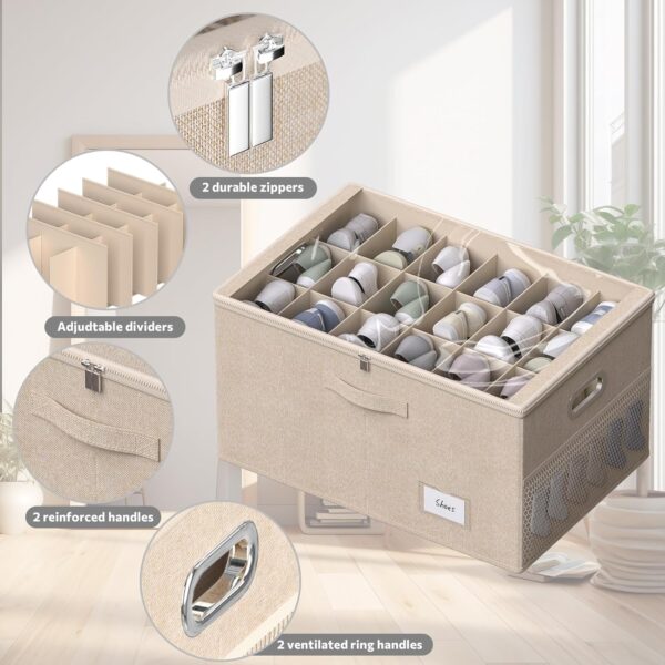 Shoe Organizer for Closet,Shoe Box Storage Containers Fit 18 Pairs,Foldable Shoe Storage Bins with Clear Cover & Adjustable Dividers for Shoes,Blankets,Linen,Clothing - Image 5