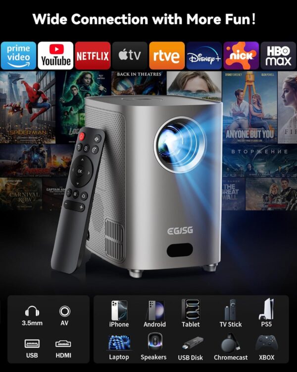 [One-Button Focus] Mini Projector with 5G WiFi and Bluetooth, 4K Outdoor Smart Projector with Carry Bag, Portable Movie Projector with Zoom, Home Theater Projector for Phone/TV Stick/PC (Gun gray) - Image 7