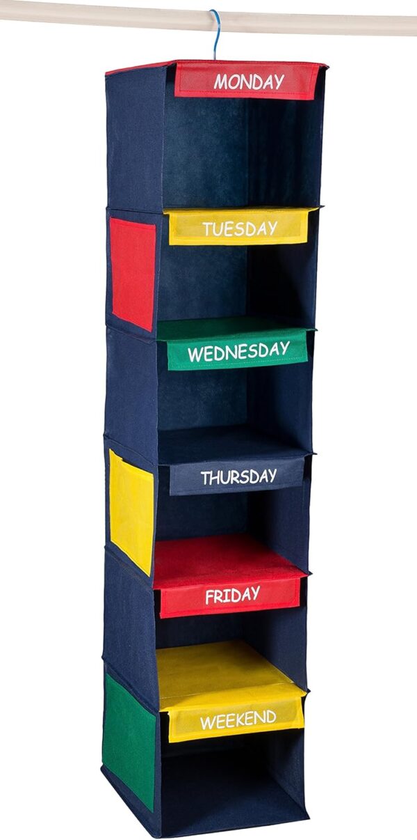 Handy Laundry Daily Activity Kids Closet Organizer, 11" X 11" X 48", Prepare & Organize a Week's Worth of Your Children's Clothing, Shoes and After School Activities, Hangs Directly on The Closet Rod
