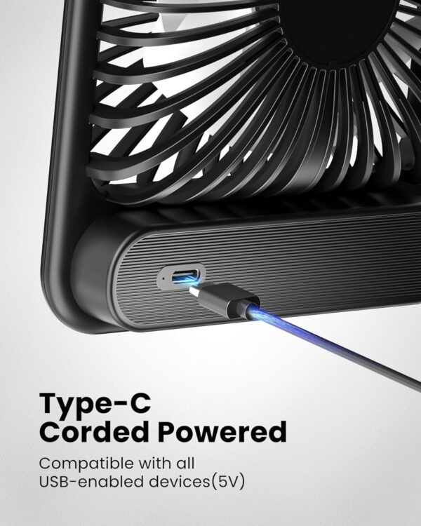 Koonie USB Desk Fan, Strong Wind Ultra Quiet Small Personal Fan with 180° Tilt Folding and 3 Speeds Adjustable, USB-C Corded Powered Mini USB Fan for Office Desktop Bedroom - Image 4