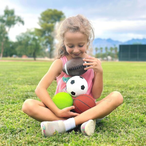 AppleRound Pack of 4 Toy Sports Balls with 1 Pump for Toddlers and Kids: 5-Inch Basketball, 5-Inch Soccer Ball, 5-Inch Playground Ball, 6.5-Inch Football (Mixed Bundle) - Image 4